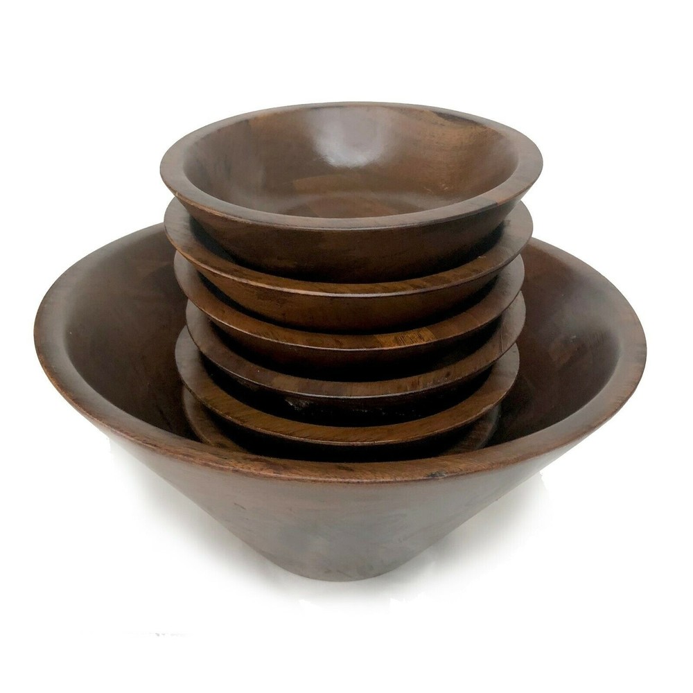 Mid Century Modern Walnut Bowl Set Wood Salad Serving  w 6 Place Bowls USA